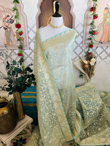 Silk Organza Saree | Light Sea Green | Gold & Silver Zari | Handwoven | Ships from California